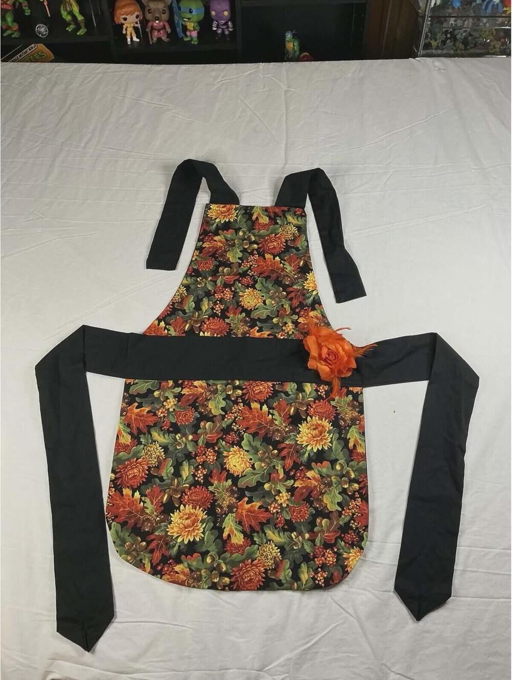 🍂 Handmade One-of-a-Kind Fall Floral Apron with Orange Flower Accent Cotton
